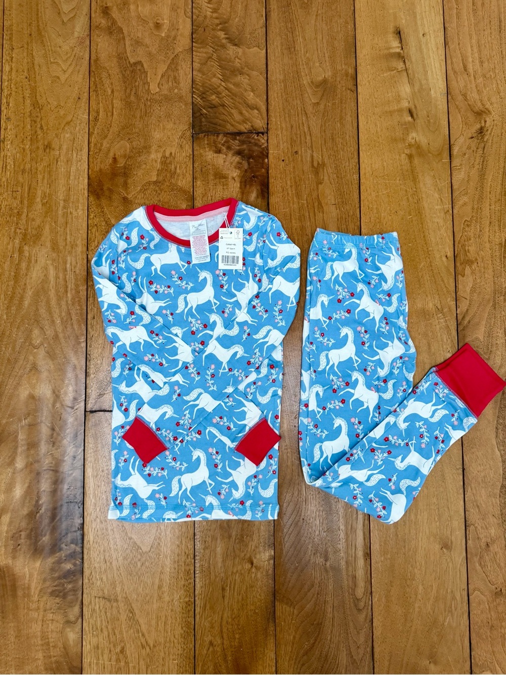 NWT Mini Boden Horse Floral Pajama Set Girls 9Y Blue Cotton PJs